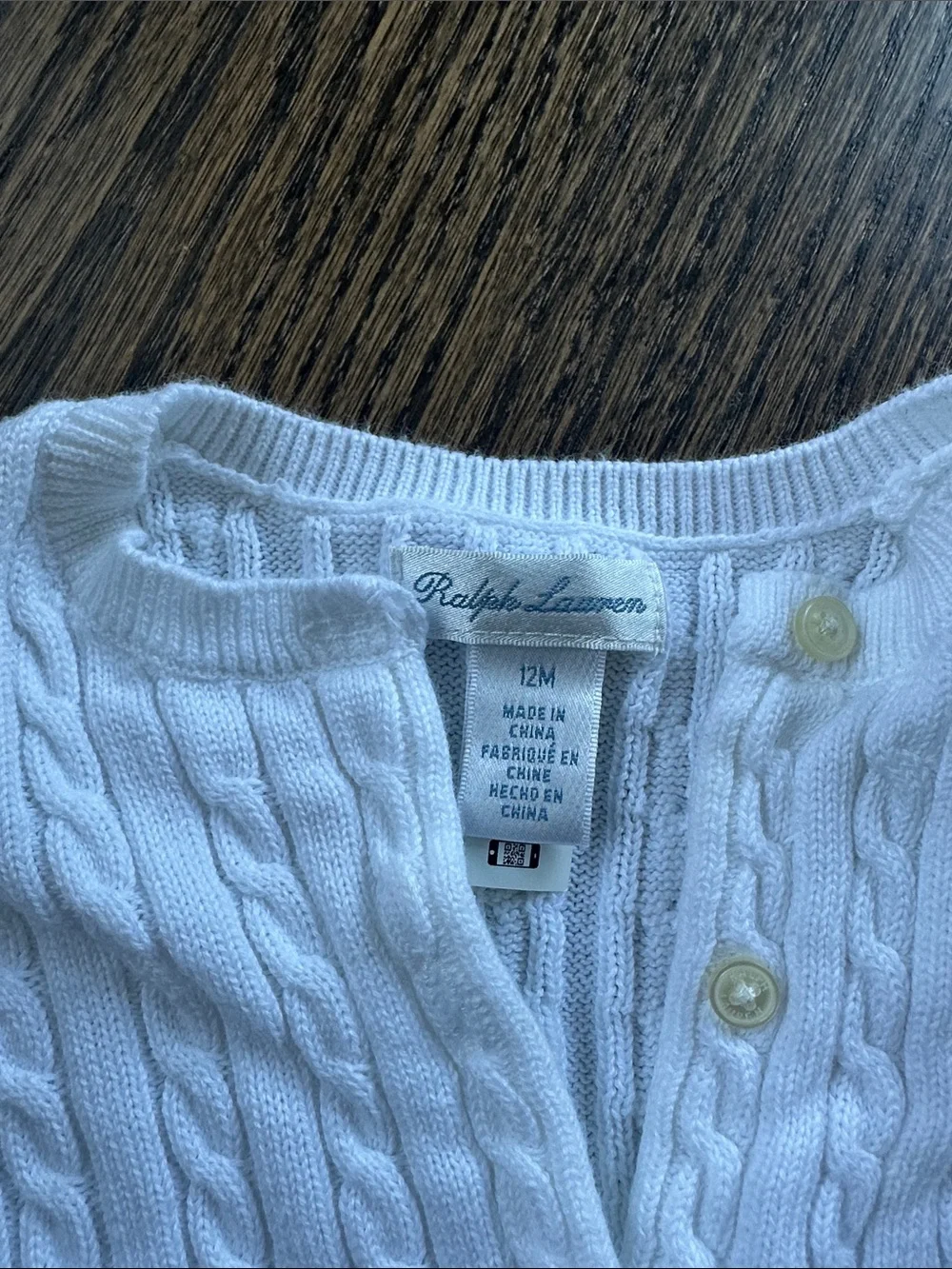 Ralph Lauren White Cable Knit Baby Cardigan with Navy Pony 12M